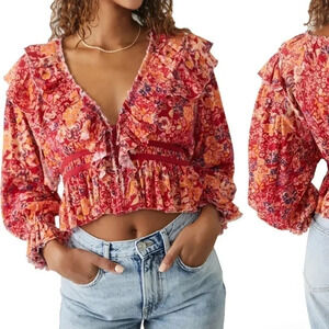 Free People Red and Orange Floral Ruffle Top